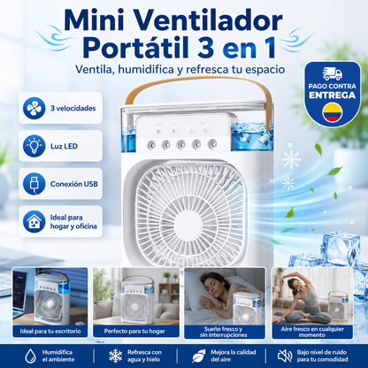 Mini Ventilador Portátil 3 en 1 con Humidificador, Luz LED y Conexión USB