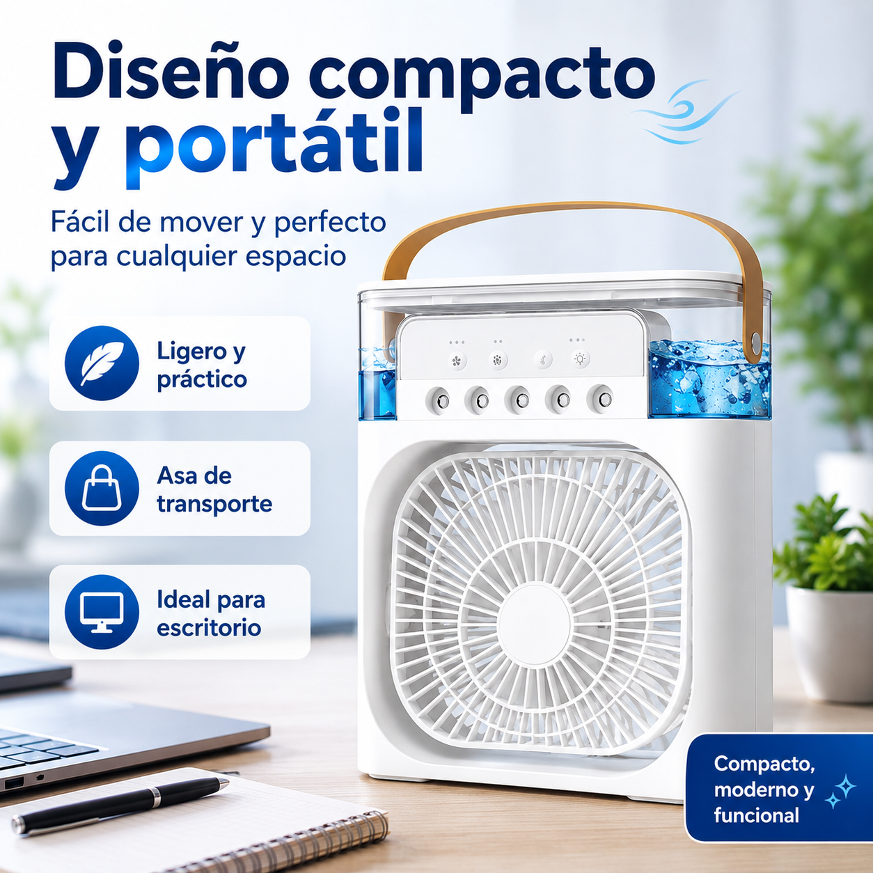 Mini Ventilador Portátil 3 en 1 con Humidificador, Luz LED y Conexión USB