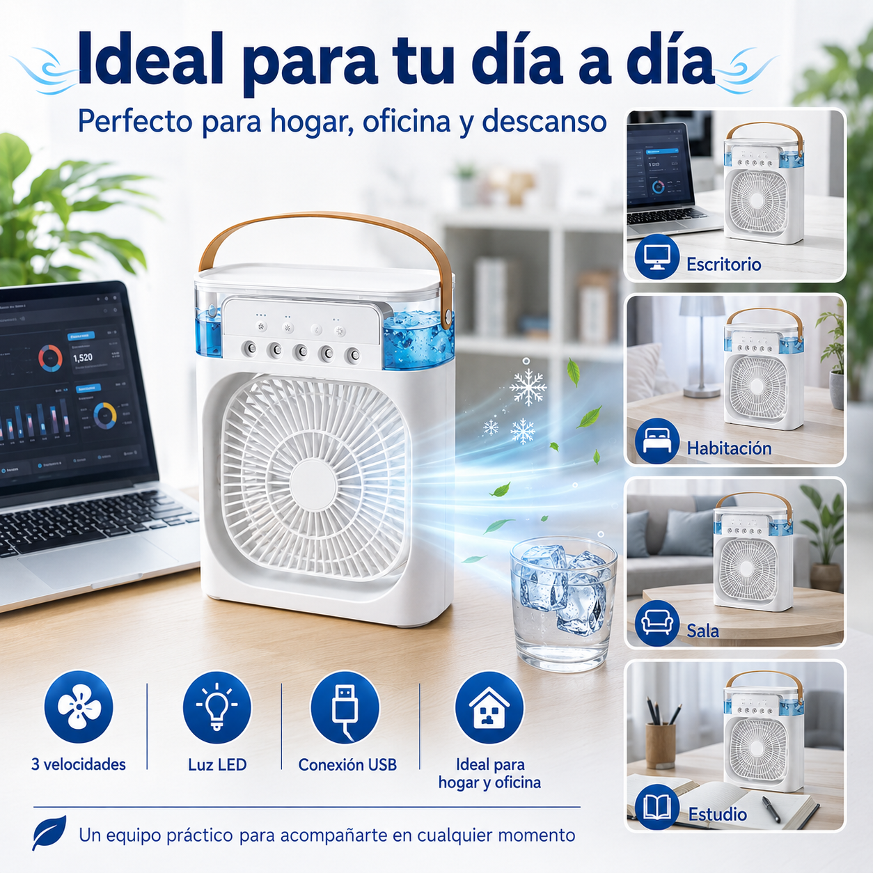 Mini Ventilador Portátil 3 en 1 con Humidificador, Luz LED y Conexión USB