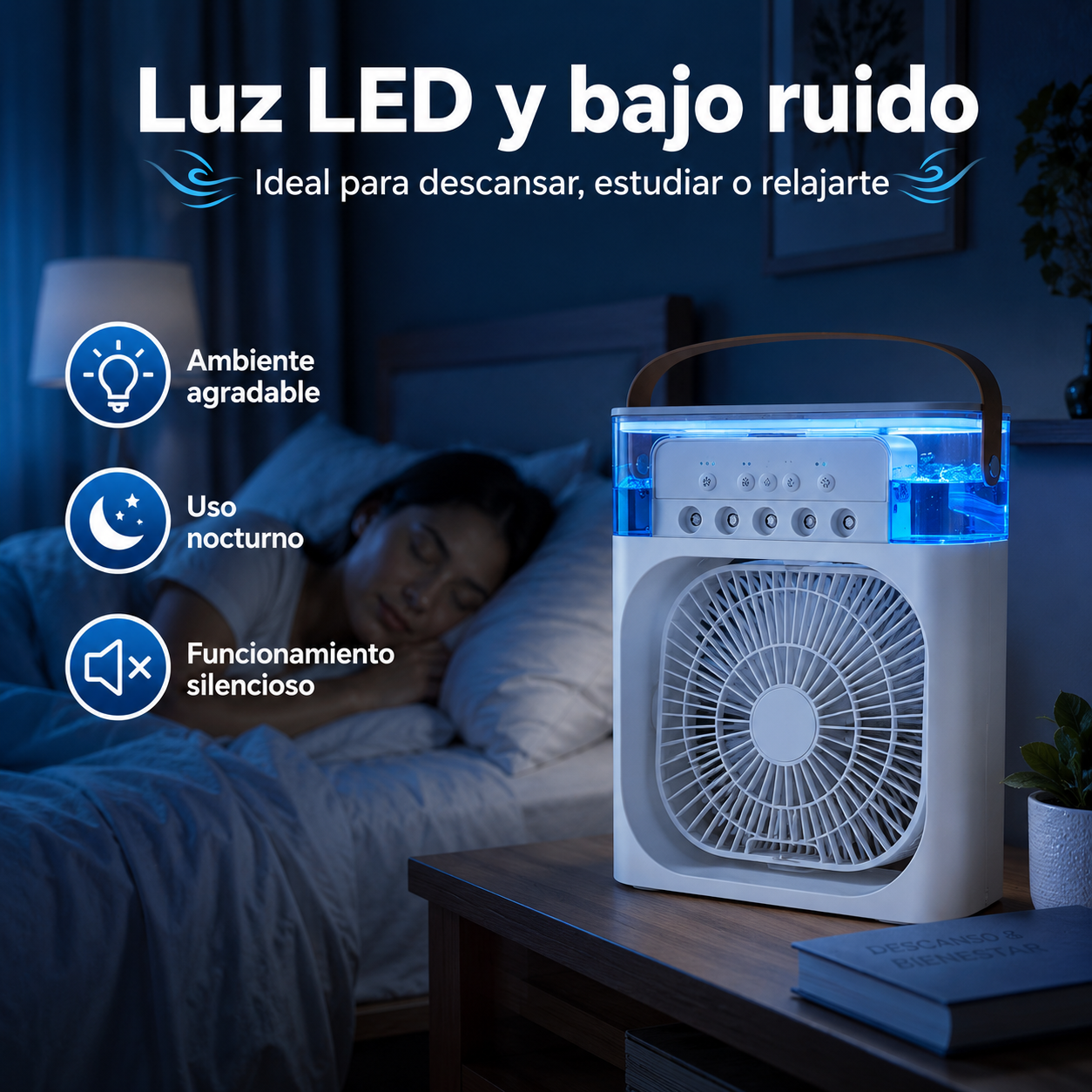 Mini Ventilador Portátil 3 en 1 con Humidificador, Luz LED y Conexión USB