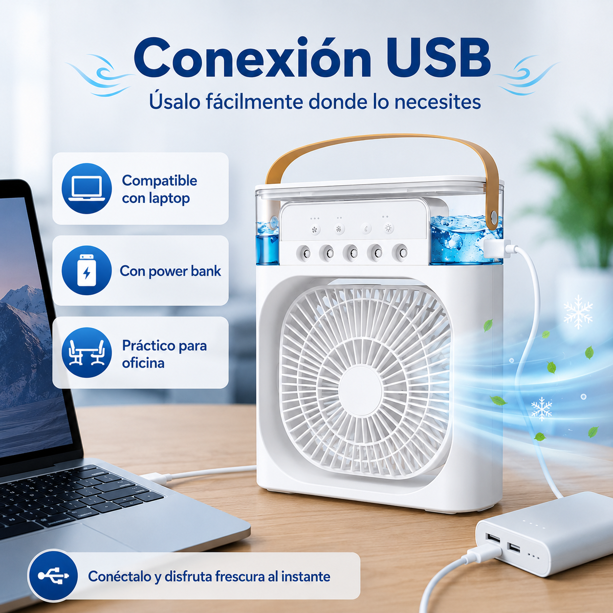 Mini Ventilador Portátil 3 en 1 con Humidificador, Luz LED y Conexión USB