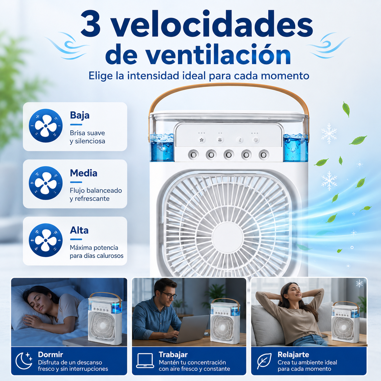 Mini Ventilador Portátil 3 en 1 con Humidificador, Luz LED y Conexión USB