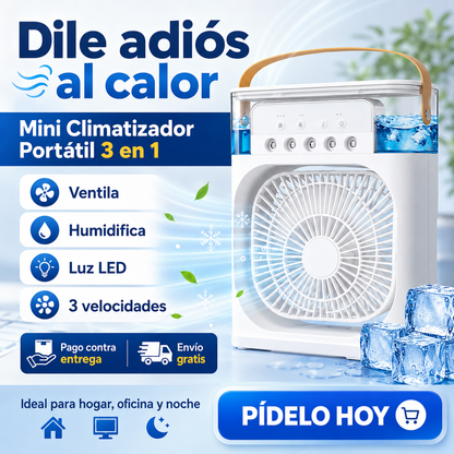 Mini Ventilador Portátil 3 en 1 con Humidificador, Luz LED y Conexión USB