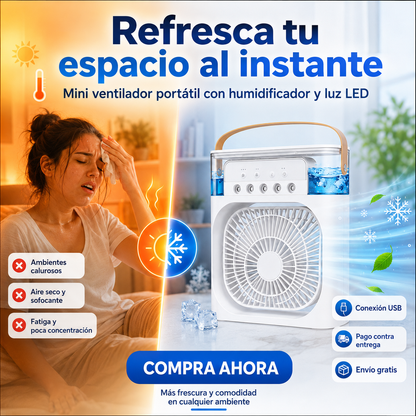 Mini Ventilador Portátil 3 en 1 con Humidificador, Luz LED y Conexión USB