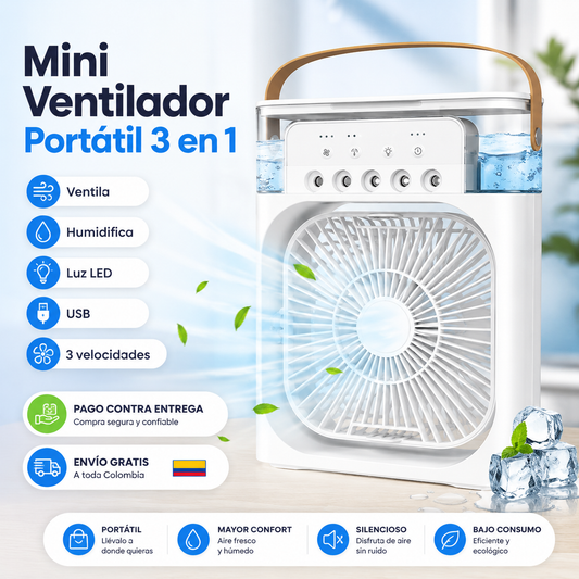 Mini Ventilador Portátil 3 en 1 con Humidificador, Luz LED y Conexión USB